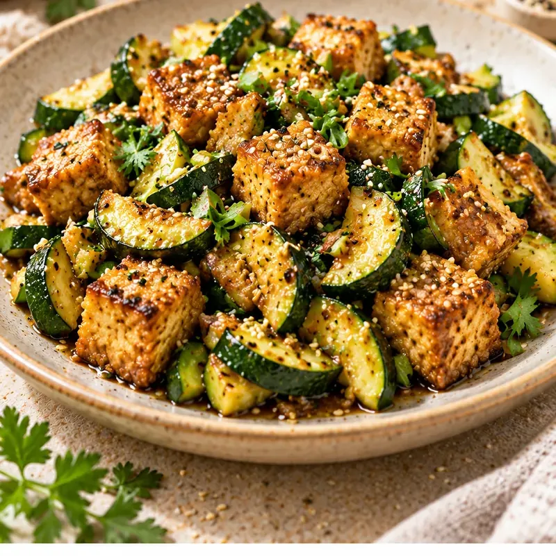Tofu croccante con zucchine e sesamo