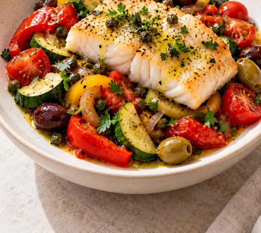 Merluzzo alla mediterranea con olive e verdure