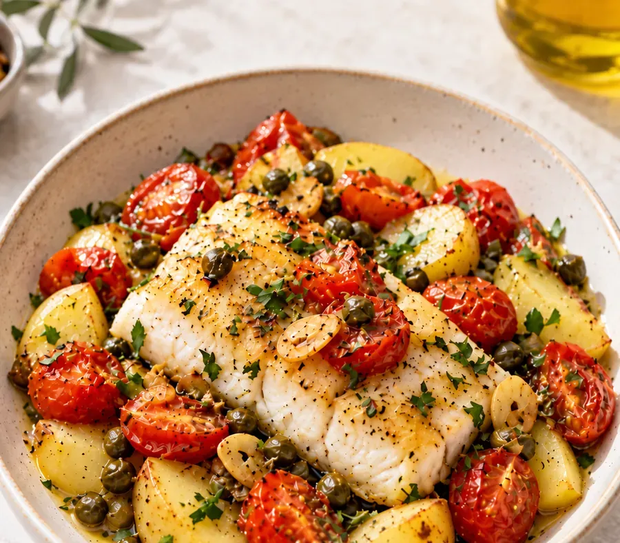 Orata-style di merluzzo con pomodorini e patate