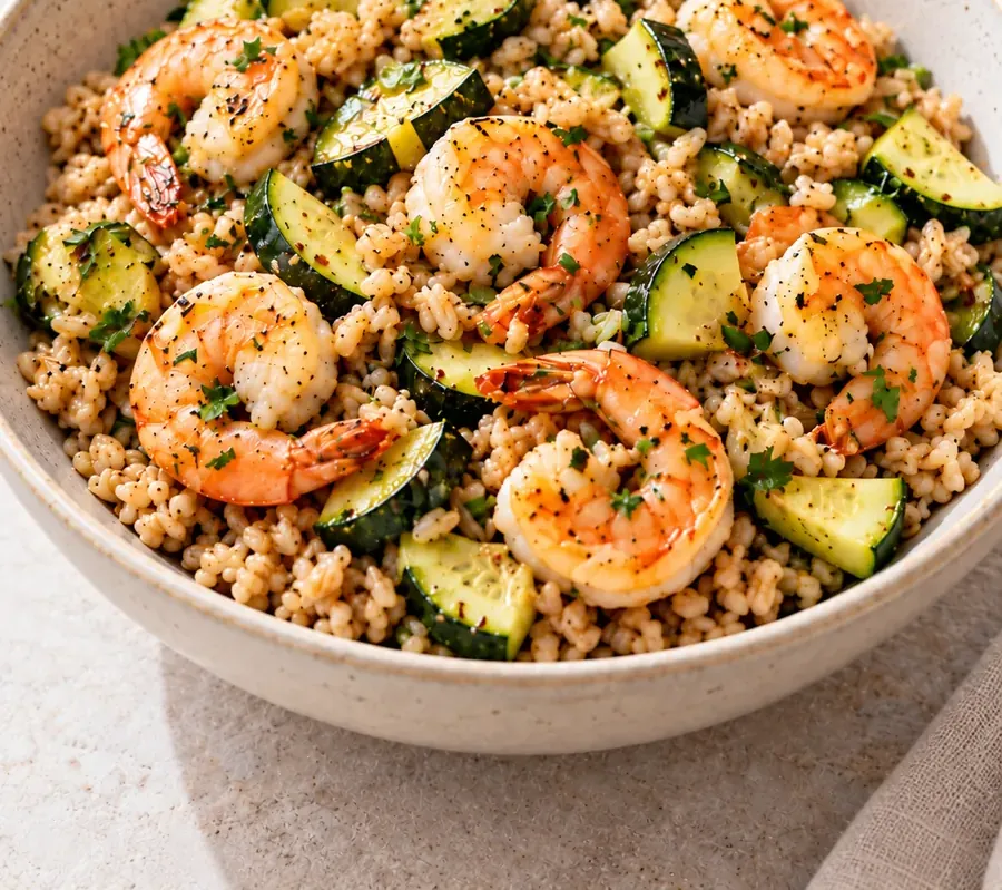 Riso integrale con gamberi e zucchine