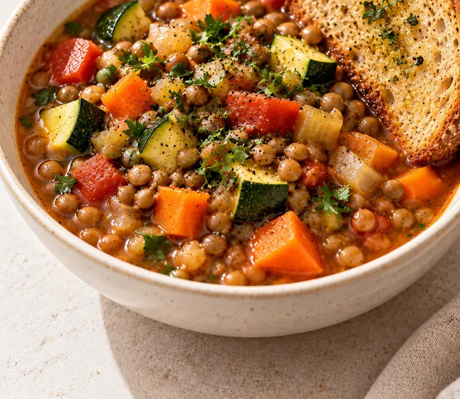 Zuppa di lenticchie e verdure con crostino