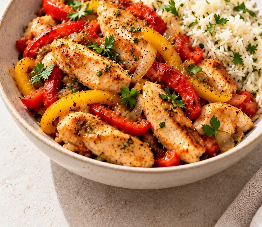 Pollo con peperoni e riso basmati