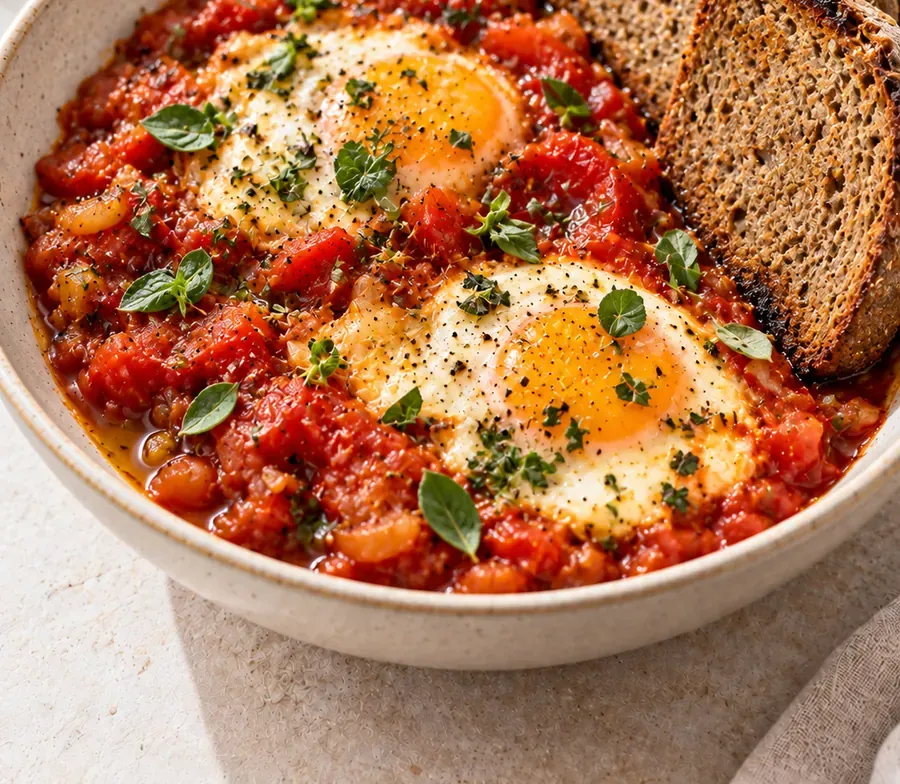 Uova al pomodoro con pane di segale