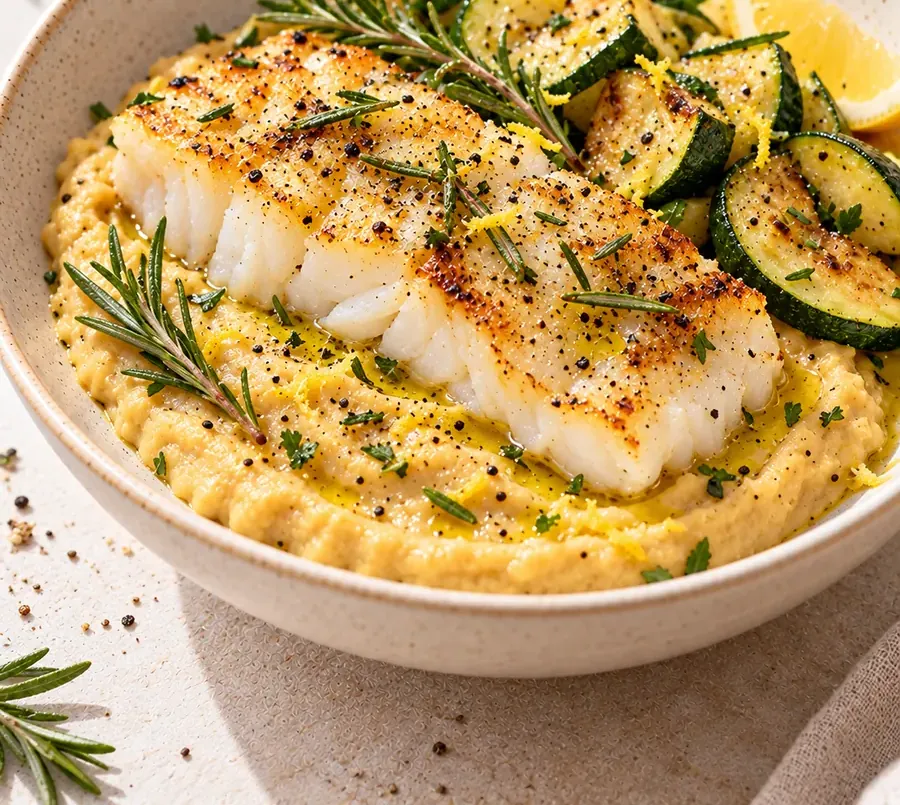 Merluzzo con crema di ceci e rosmarino
