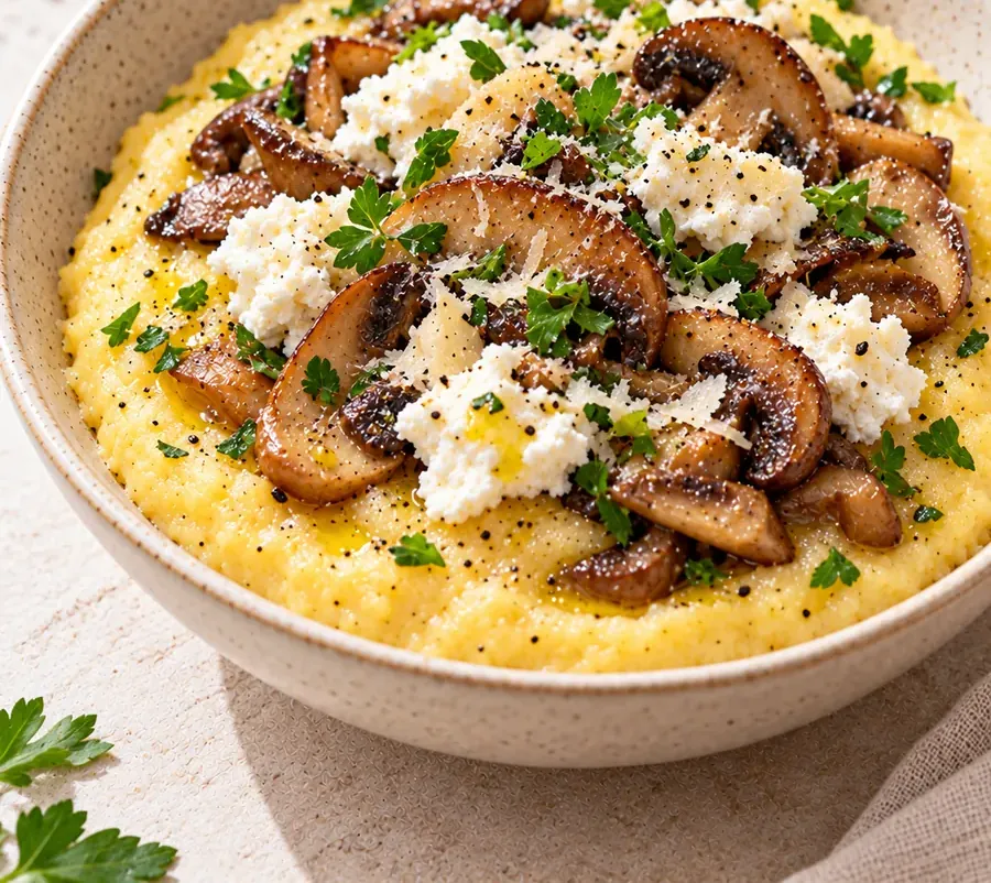 Polenta morbida con funghi e ricotta