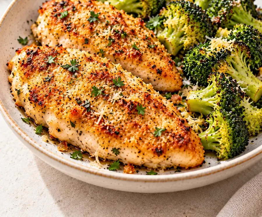 Pollo croccante al forno con broccoli