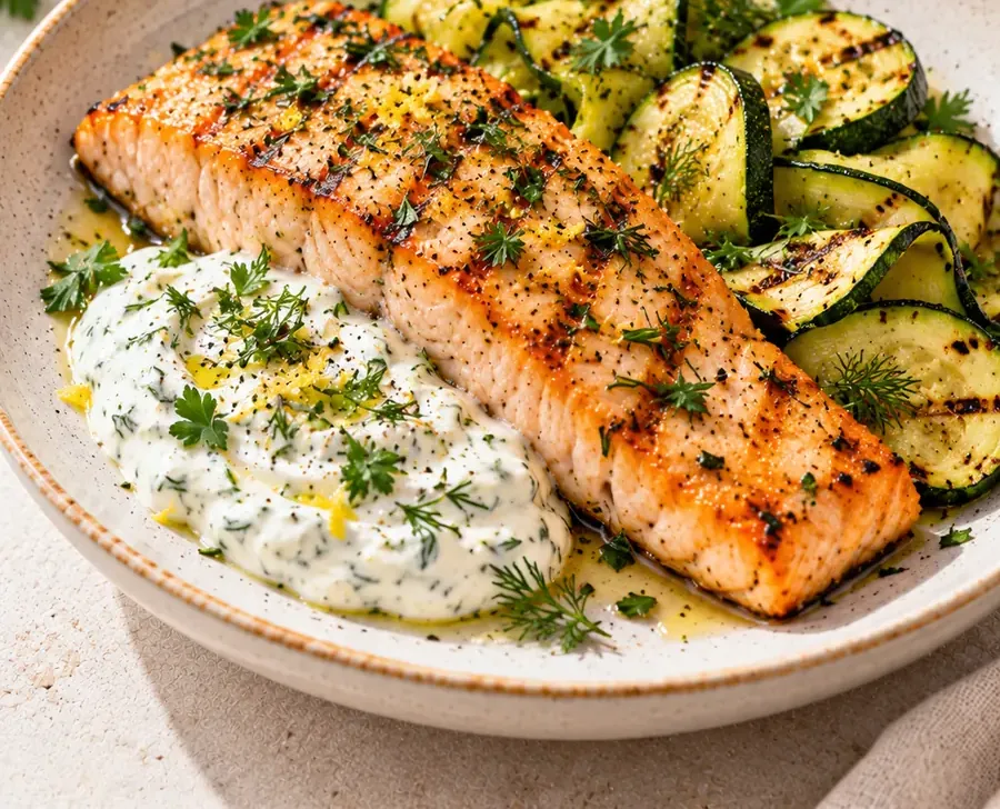 Salmone e skyr alle erbe con zucchine