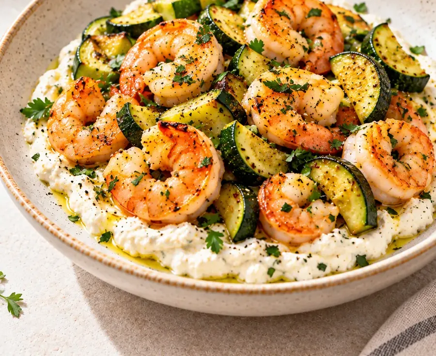 Gamberi con crema di ricotta e zucchine