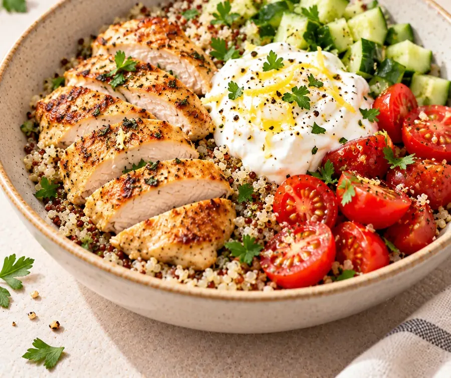 Bowl quinoa, pollo e skyr