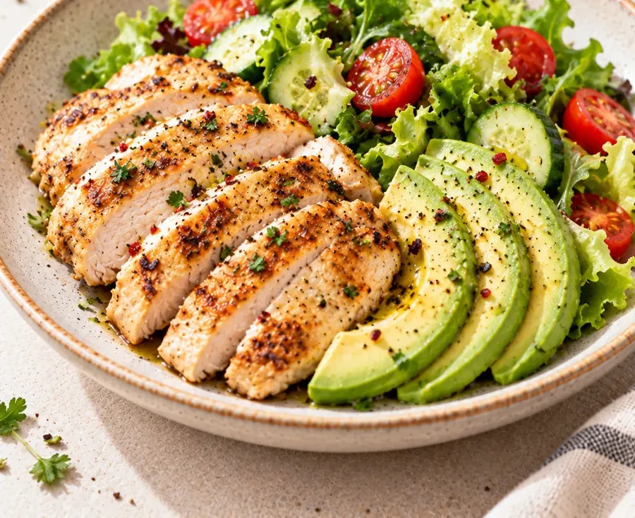 Pollo e avocado con insalata croccante
