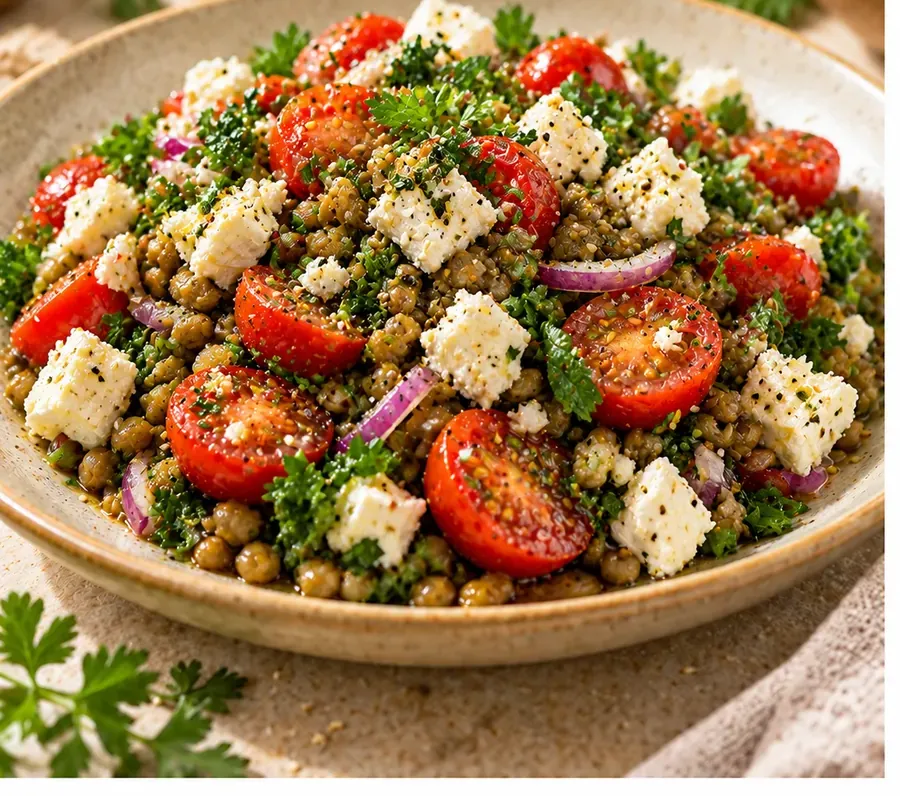 Insalata di lenticchie, feta e pomodoro