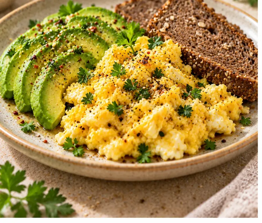 Uova strapazzate con avocado e pane di segale