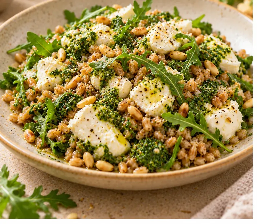 Farro con mozzarella e pesto leggero di rucola